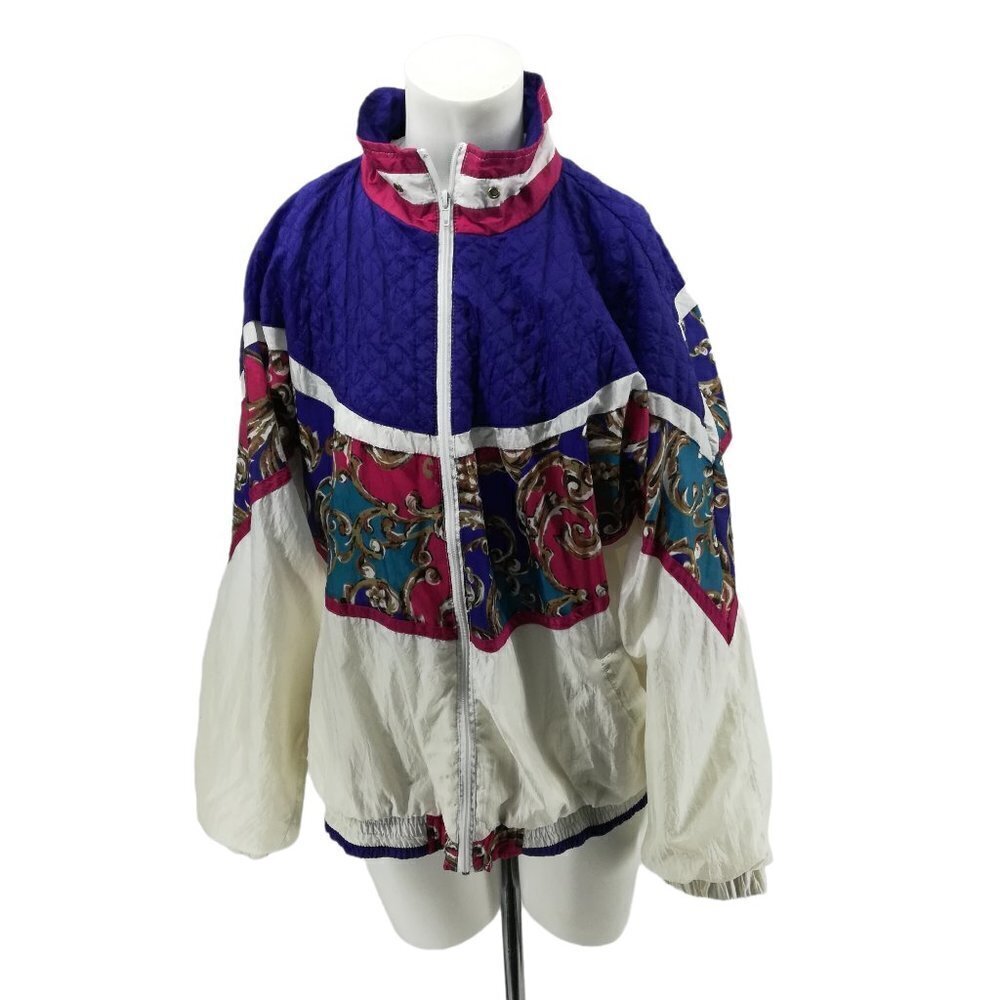 Vintage Paisley Color Block 90s Windbreaker Jacket Size 1X Plus Nylon White Blue